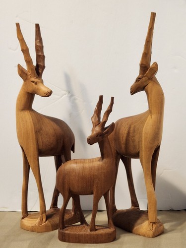 VINTAGE HAND CARVED WOODEN SET OF 3 GAZELLES ANTELOPE FIGURINES MADE IN KENYA - Picture 6 of 18
