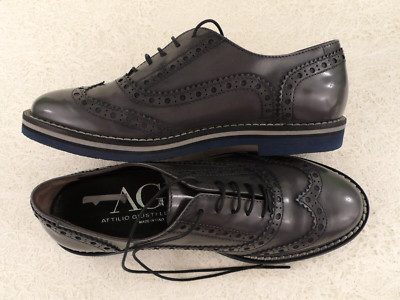 NEW AGI Attilio Giusti Leombruni GLOSSY LEATHER WING TIP OXFORDS SLATE GRAY Sz 7