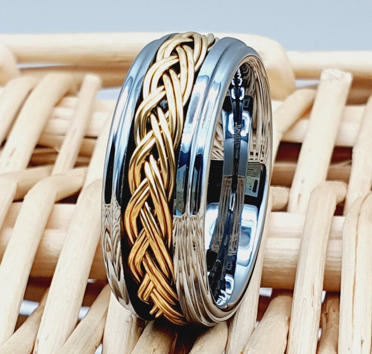 Men's Engagement Ring Silver Tungsten Wedding Band with Gold