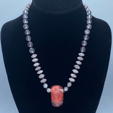 Sterling Silver Rose Quartz/Garnet Beaded Glass Pendant Necklace 55.4g