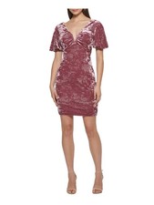 GUESS Womens Shirred At Neck Line Pouf Sleeve V Neck Short Party Body Con Dress