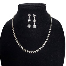 Rhinestone Necklace Floral Drop Earrings Set Silver Tone Bridal Wedding Sparkly