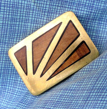 Hippie Sunrise Dress Belt Buckle Wood Inlay Boho Coastal Vtg 70s Brass .GMP479