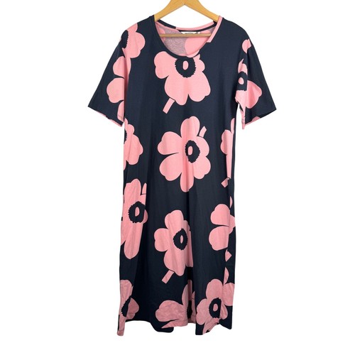 Marimekko Juhlas Unikko midi pink floral shirt dress sz XS