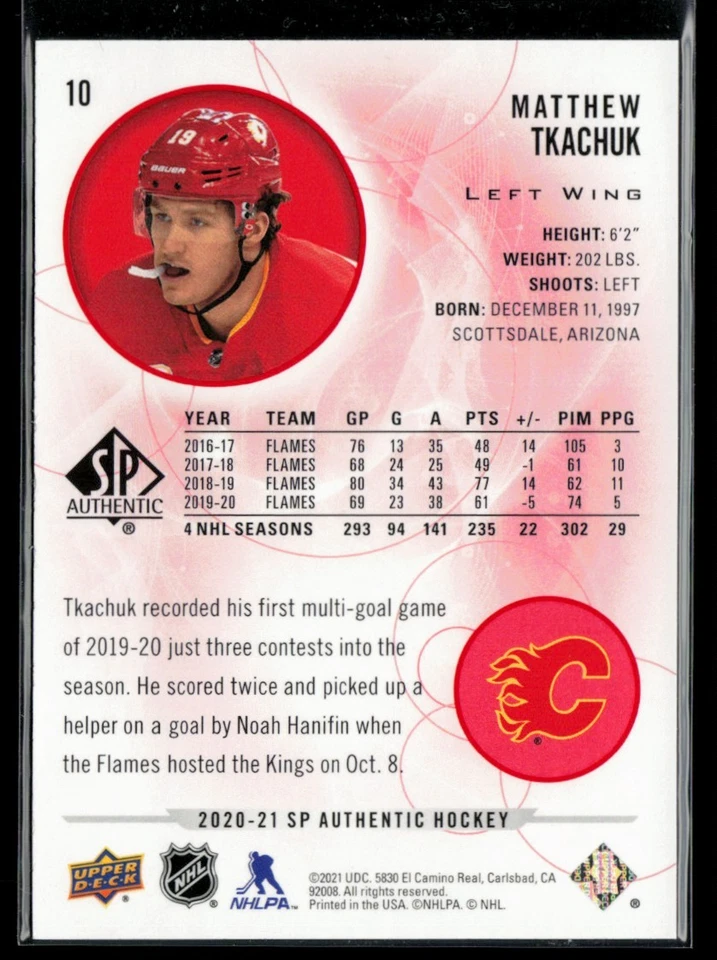 2020-21 SP Authentic Limited Red #10 Matthew Tkachuk - Image 2 of 2