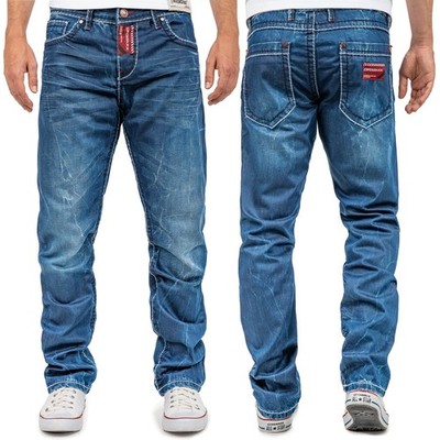 Cipo & Baxx Men's Blue Jeans Straight Fit 5-Pocket Contrast Stitch Red Patches
