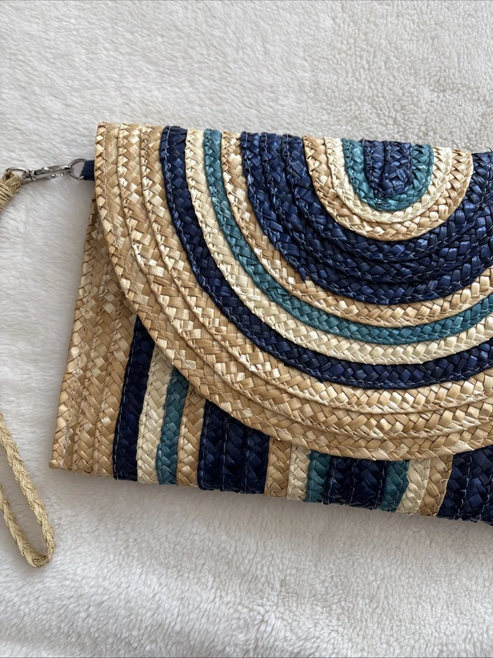 Bolso sin asas de muñeca Mud Pie bolso tejido de paja natural azul marino turquesa grande Foto 4 de 4