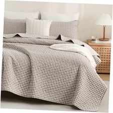 Quilt Bedding Set 100 Washed Cotton Bedspread King 106"x96" Tan Gingham