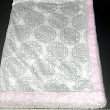HB Hudson Baby Pink Gray Flower Medallion Faux Fur Silky Blanket 30 x 40 Lovey