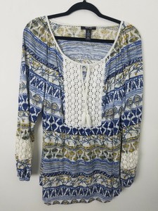 Style-amp-co-Womens-Blouse-Size-2X-Peasant-Floral-Tassel-Neckline-Blue-Long-Sleeve