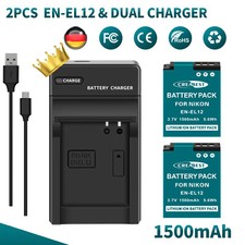 2x EN-EL12 batteria + caricabatterie per Nikon Coolpix S610 S640 S710 S9100 AW110 S1000pj