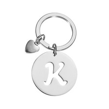 Initial Letter KeyChain, Disc Letter A-Z Heart Charm Keyring, Silver K 