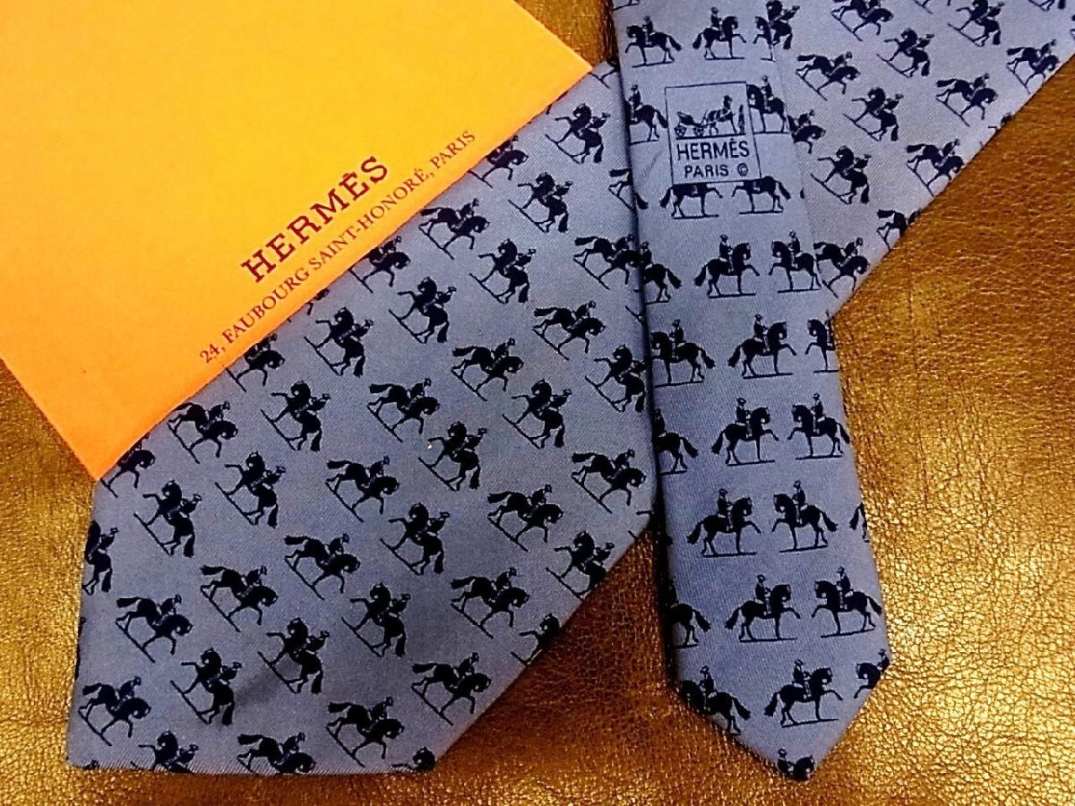 HERMES Neck tie Silk Navy Blue Logo japan seller N1219 40 Made in