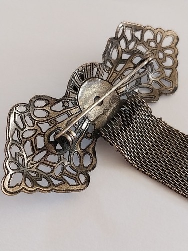 ANTIQUE Gilded Brass MESH BROOCH/Lapel RIBBON w AQUA Blue STONES 4.75" x 2.5" - Picture 19 of 23