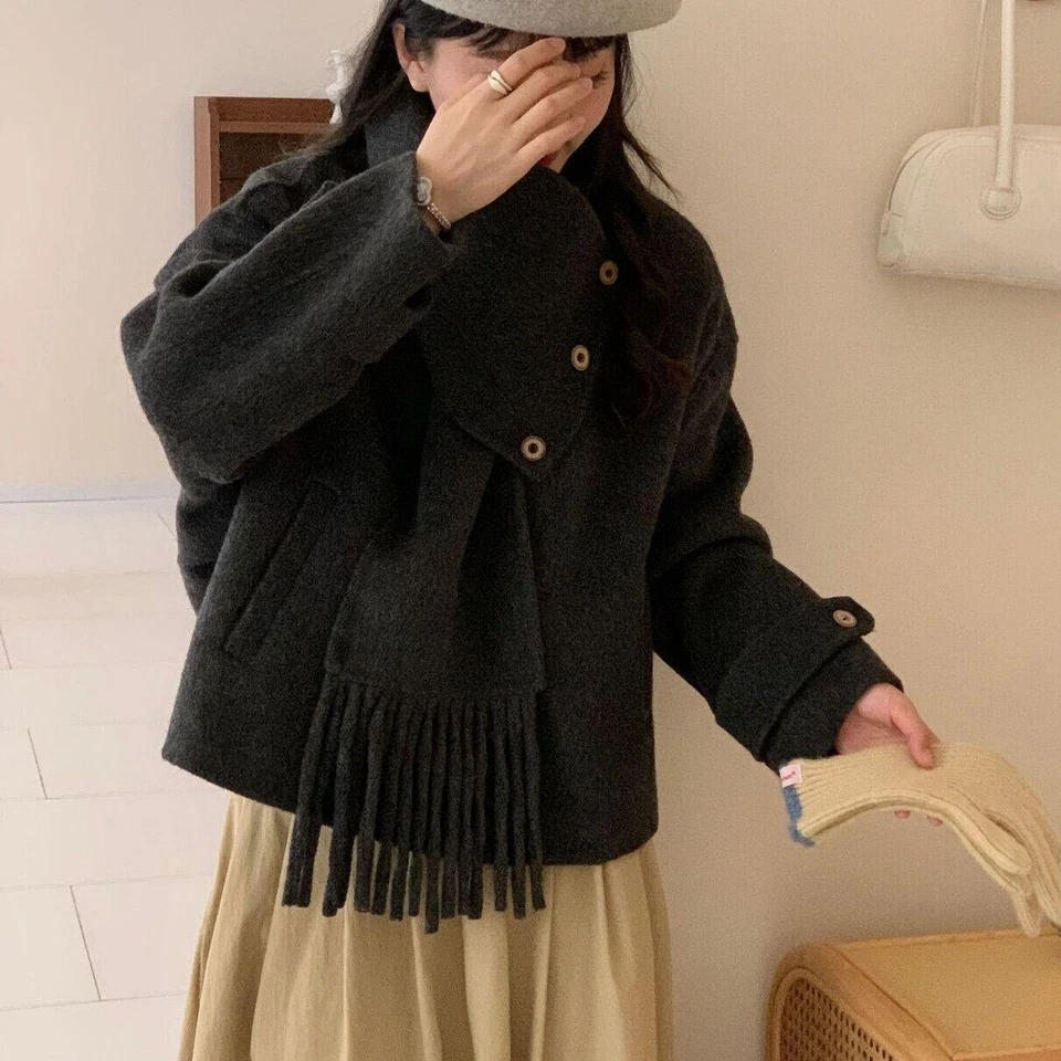 Womens Winter New Tassel Scarf V-neck Double-sided Cashmere Coat Loose Wool Coat - Image 3 of 4