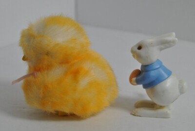 Vintage Easter Wind Up Toys Bunny (Working) Walking White Rabbit and Yellow Chic