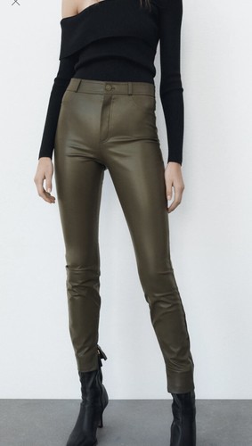 zara faux leather pants in olive green 