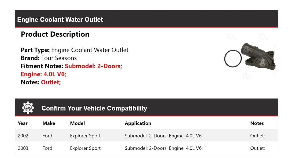 Salida de agua refrigerante motor deportivo Ford Explorer 2002-2003 4 estaciones Foto 2 de 4