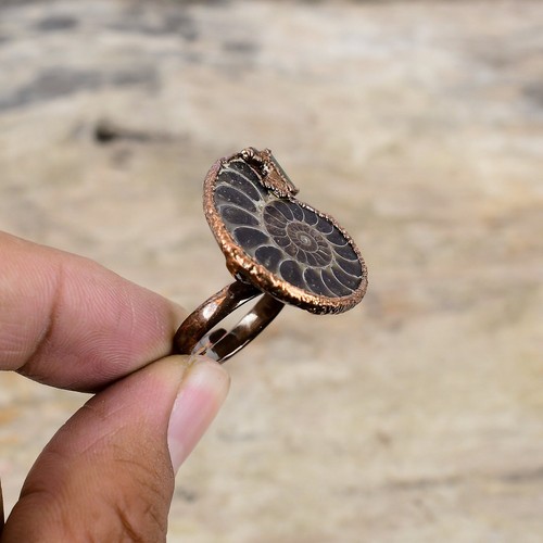Ammonite Fossil Copper Electroformed Solitaire Adjustable Ring Size Adjustable - Picture 5 of 6