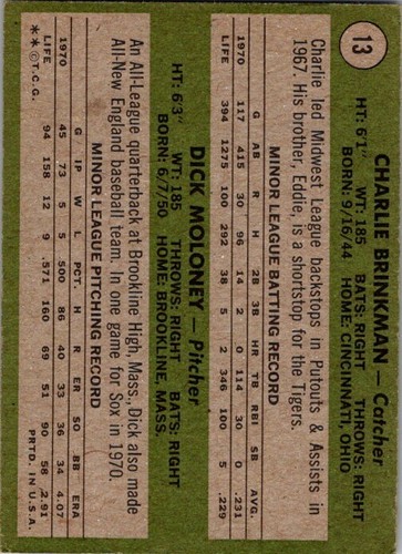 1971 Topps #13 White Sox Rookie Stars (Brinkman / Moloney) *VG* - Picture 2 of 2
