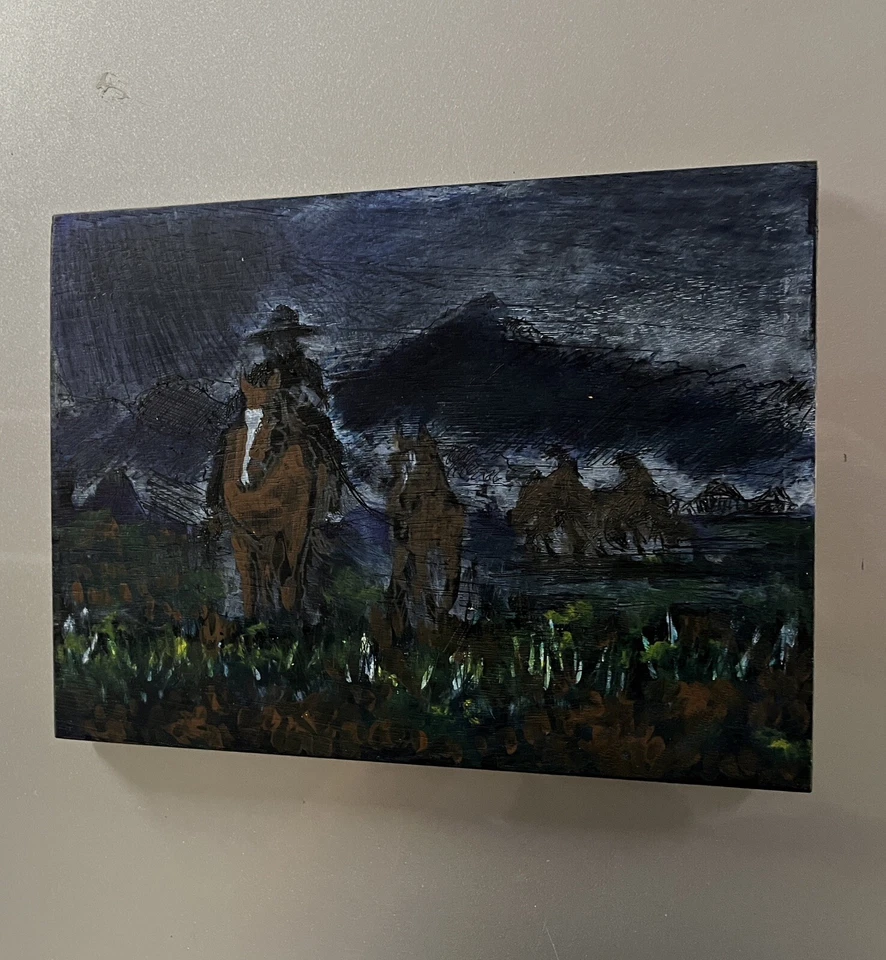 Original Oil Painting Night Ranch Cowboy Horse Remington Inspire Western Art CoA - Image 3 of 4