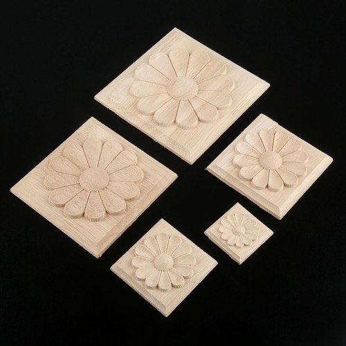 Wooden Carved Appliques Onlays Unpainted Solid Wood Square Carvings Decals Decor - Picture 2 of 12