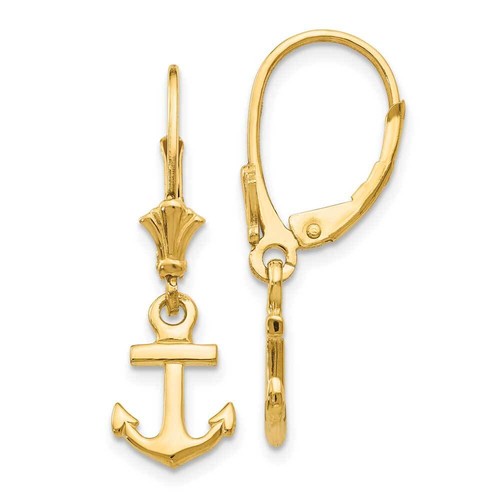 14k Gold Mini Anchor Leverback Earrings 1.03"