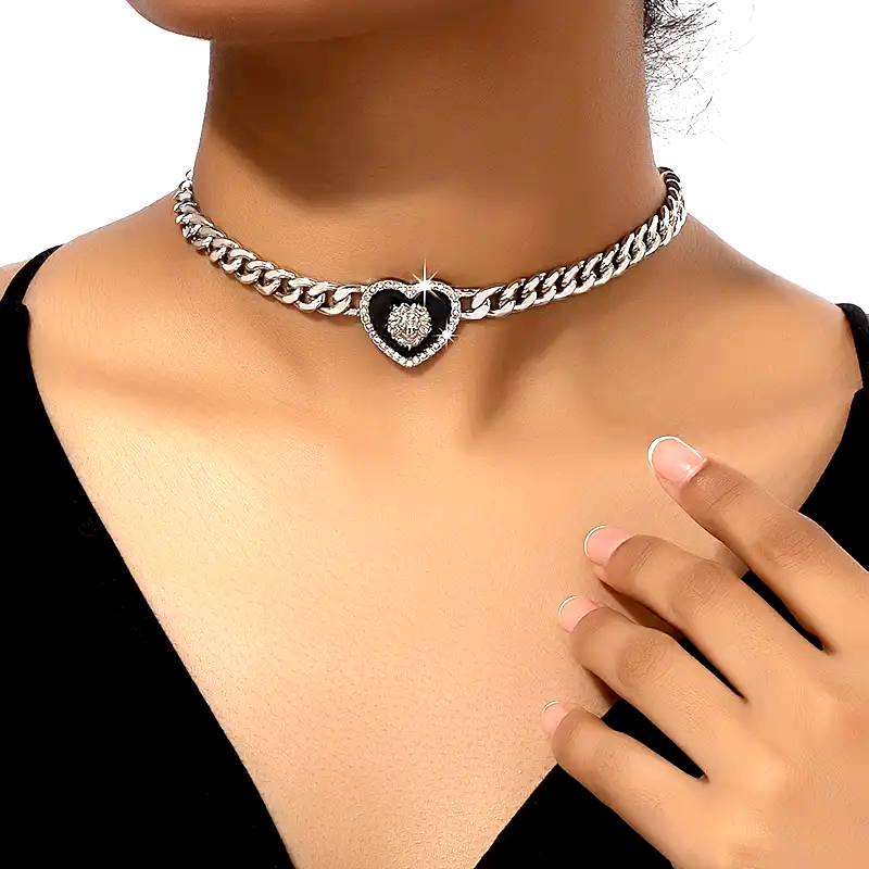 Simple Cuban Chain Rhinestones Heart-Shaped Pendant Necklace