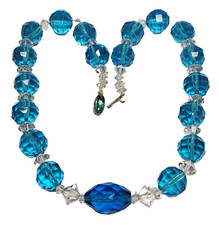 1930's Aqua Blue Clear Multifaceted Glass Crystal Czech Bead Necklace 16.5"