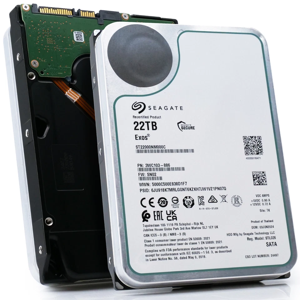 Disco duro empresarial Seagate Exos 22 TB 7,2 K RPM SATA 6 Gb/s 3,5 pulgadas - ST22000NM000C