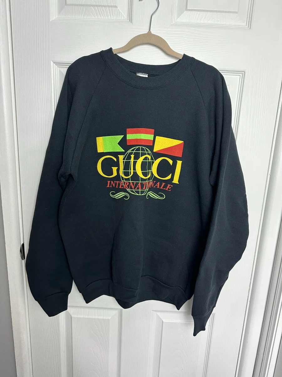 Vintage New Gucci Internationale Logo Bootleg Sweater Mens XL Black Pullover