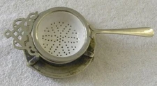 Vintage England Tea Strainer, Enamel Bowl, Drip Tray-Stand, EPNS Silver Plate
