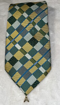 Wecon Haute Couture VTG Mens Tie, Green, Gold, Eifel Tower, 57 x 3.75 
