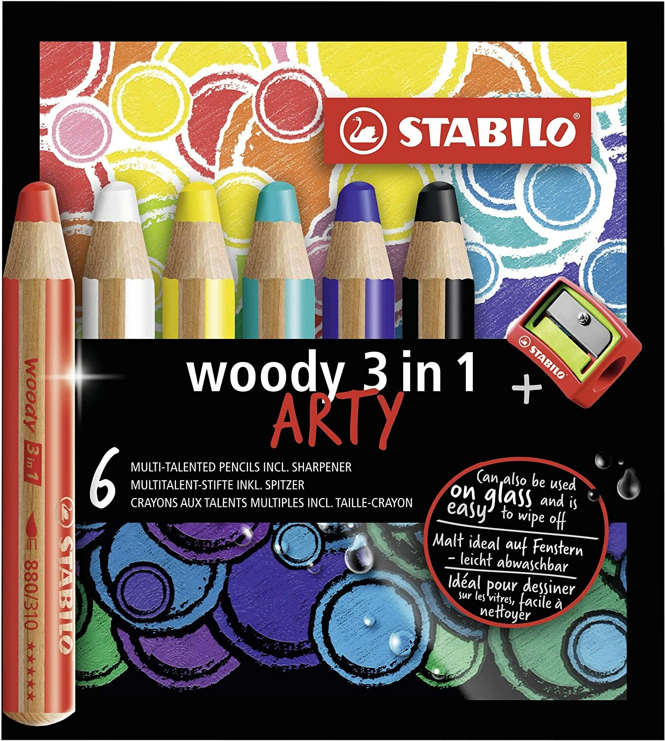 Crayon de couleur STABIL woody 3in1 pour dessiner sur les vitres et le papier noir étui ARTY x6