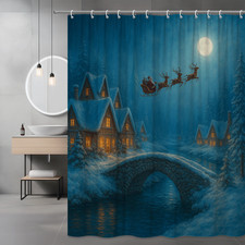 Christmas Shower Curtain with Santa and Reindeer Winter Scene