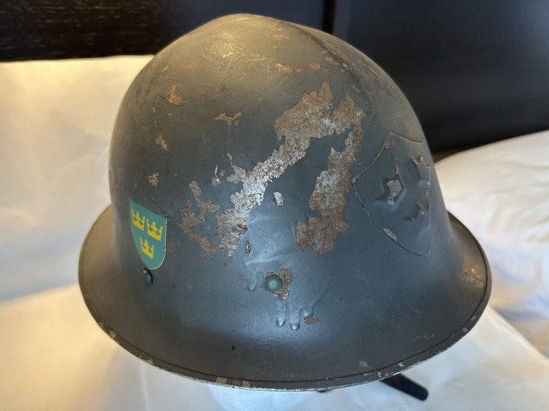 Swedish Army M21 Double Decal Helmet.  Paint Damage But Nice Decals