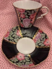 Royal Standard English Bone China Cup & Saucer Black w/Pink Rose Hydrangea  EUC