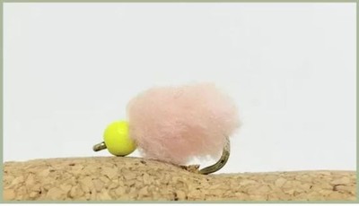 Barbless Hothead Mini Peach Eggstacy (lime bead) , Size 10 Trout Flies