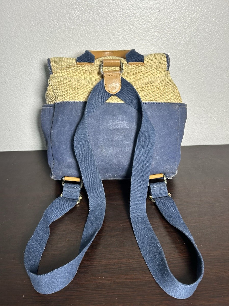 Tory Burch Navy Blue and Tan Woven Wicker Drawstring Backpack Bag Purse Tory Burch Navy Blue and Tan Woven Wicker Drawstring  main image 2
