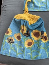 Sunflower And Butterfly Kitchen Dish Towels with Crochet Tops Towel Set Of 2