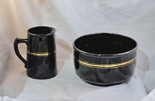 Victorian Jackfield Blackware Pottery Large Sugar Bowl And Cream Jug - Gold Band