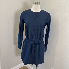 Uniqlo Womens XS Blue Button Up Shirt Dress Long Sleeve Drawstring Waist