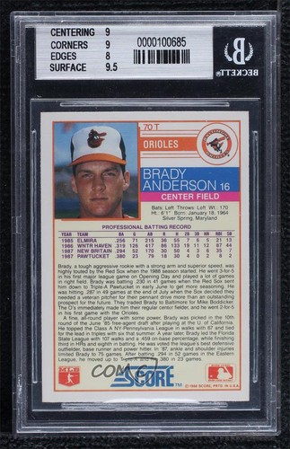 1988 Score Rookies & Traded Factory Set Glossy Brady Anderson #70T BGS 8.5 11rv - Picture 2 of 3