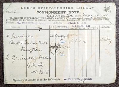 1892 North Staffordshire Eisenbahn Frachtbrief Fole Mills Uttoxeter
