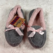 DLuxe by Dearfoams Memory Foam Slippers Gray Pink Ribbon Bow Girls Size 1 NWT