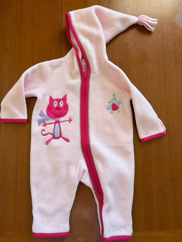 Hanna Andersson EUC Pink Fleece Cat Appliqué Hooded Zip Coverall-3-6Mos