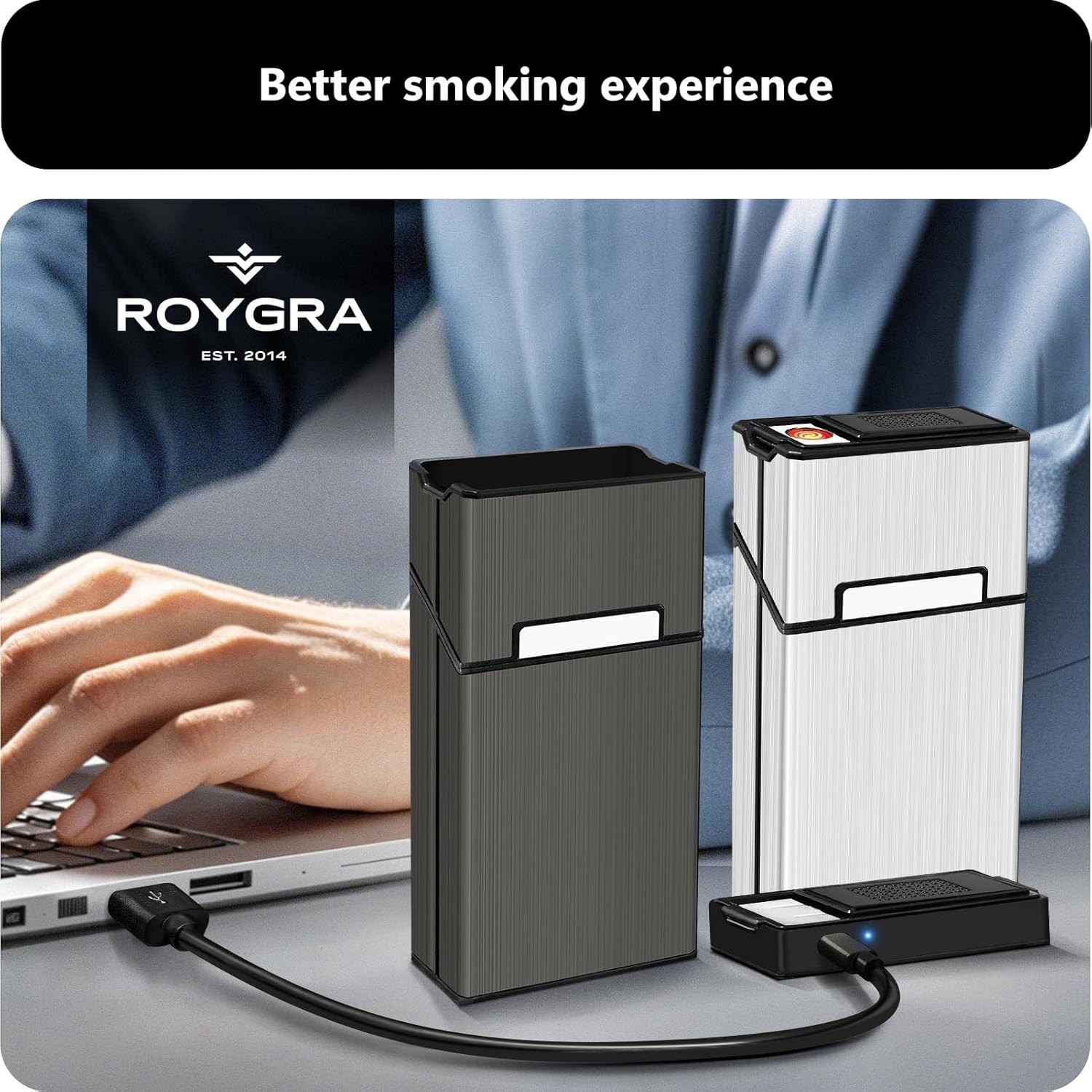roygra Cigarette Case with Lighter 100s King Size (2 Pack), Magnetic silver 