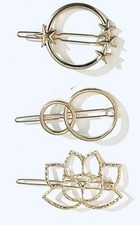 Gold Tone Hair Barrette Clip Set of 3 Moon Stars Lotus Geometric Circle