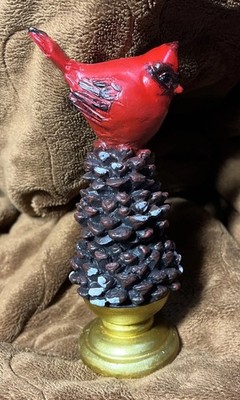 Vintage Male Red Cardinal on a Pinecone Christmas Figurine 5.5 