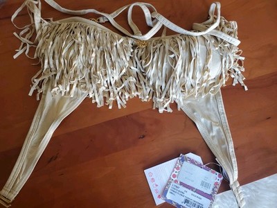 Luli Fama Cosita Buena Gold Triangle Fringe Bikini Top